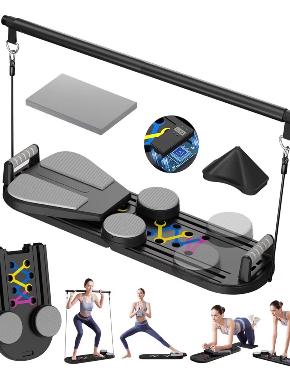 7 in 1 Pilates Reformer Core Trainer Workout Slider with Resistance Bar - Black